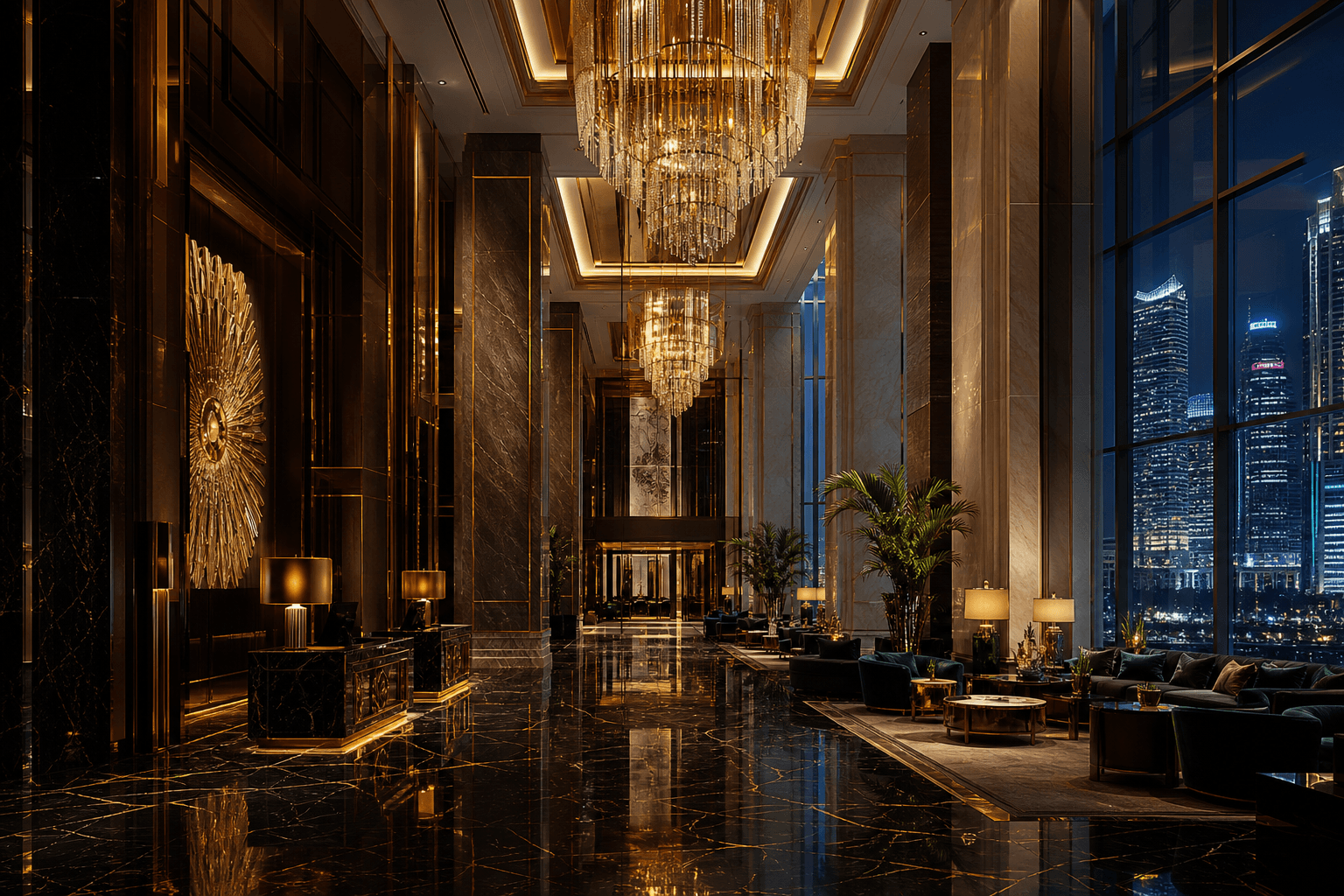 Luxury hotel lobby with gold chandeliers and city skyline